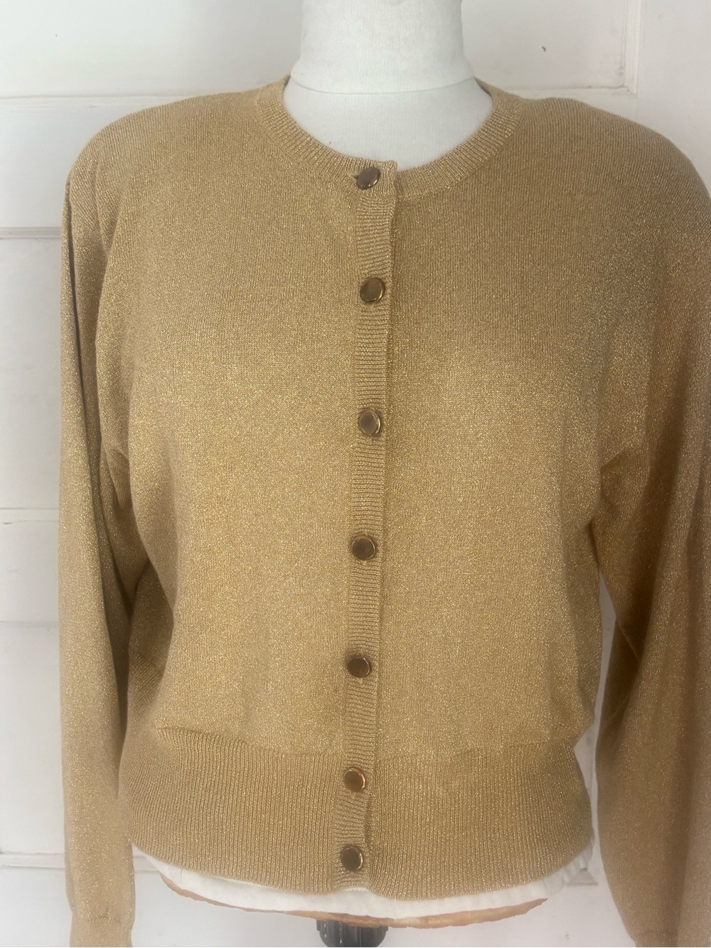 VTG 80s 90s Gold Metallic Shimmer Cardigan Sweater W/ Shoulder Pads Crop M/L